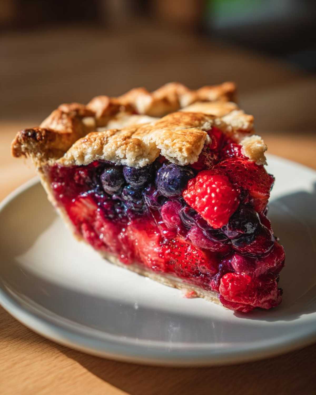 A close-up of a juicy slice of triple berry pie showing strawberries, blueberries, and raspberries filling.