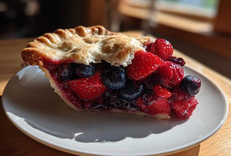 A close-up slice of amazing triple berry pie showing juicy strawberries and blueberries under a flaky golden crust.