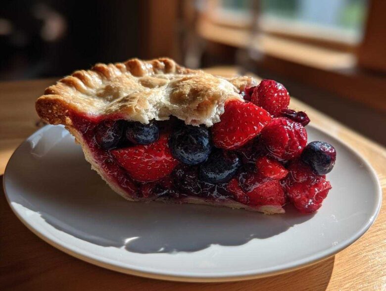 A close-up slice of amazing triple berry pie showing juicy strawberries and blueberries under a flaky golden crust.