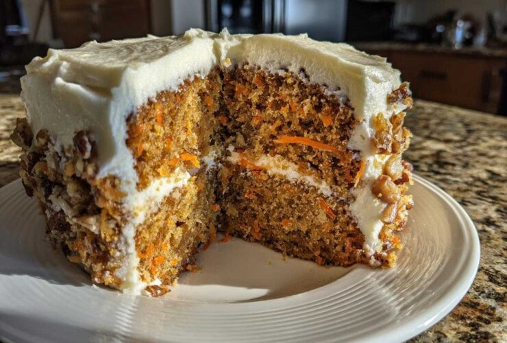 A thick slice of moist carrot cake with cream cheese frosting, showing shredded carrots and nuts.