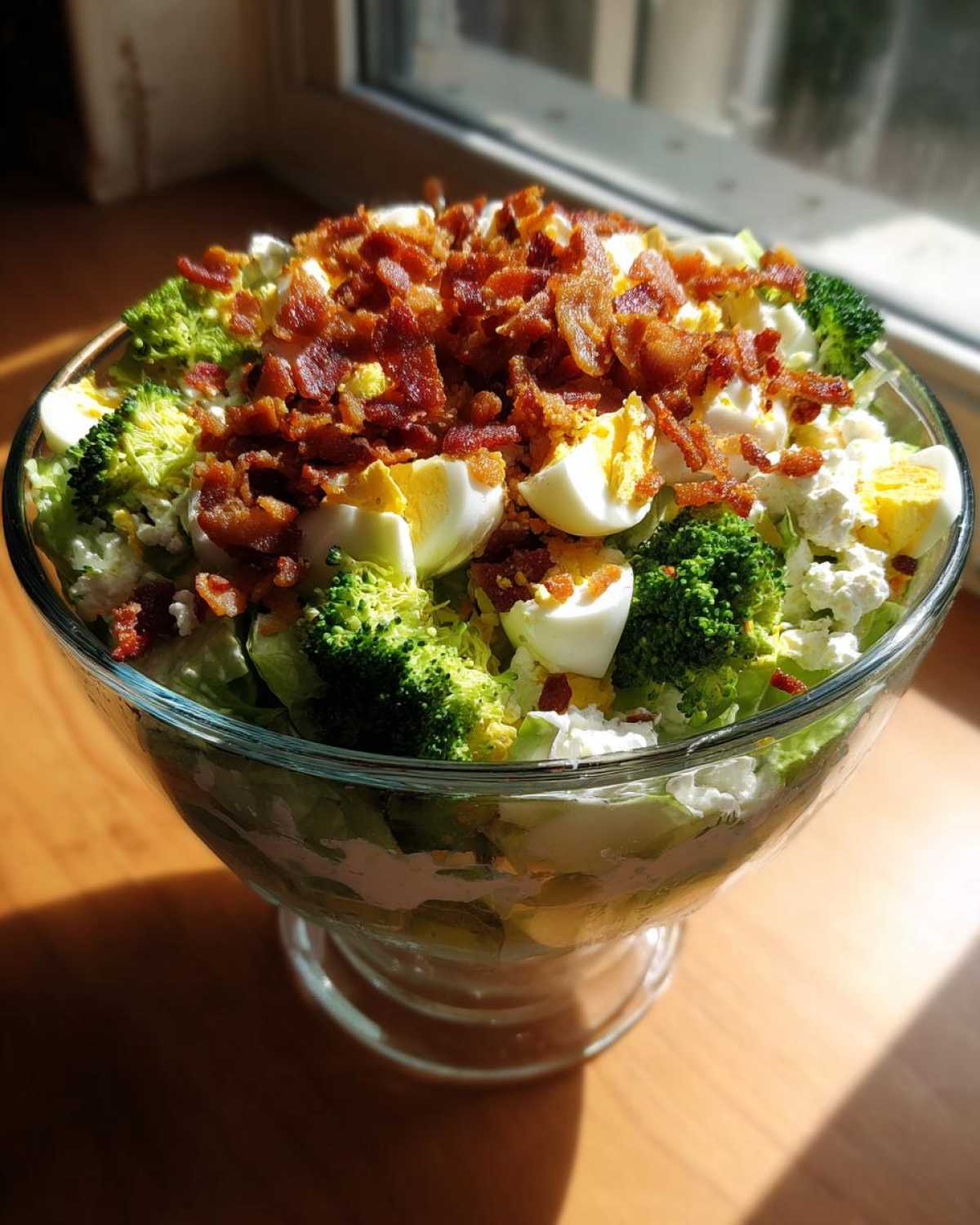A tall glass bowl filled with a vibrant 7 layer salad, topped generously with crumbled bacon, hard-boiled eggs, and broccoli florets.