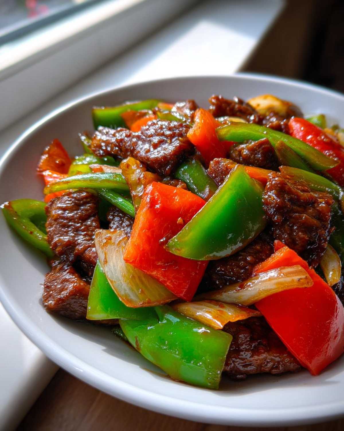 Close-up of glossy Chinese pepper steak stir-fry with bright red and green bell peppers and onions.