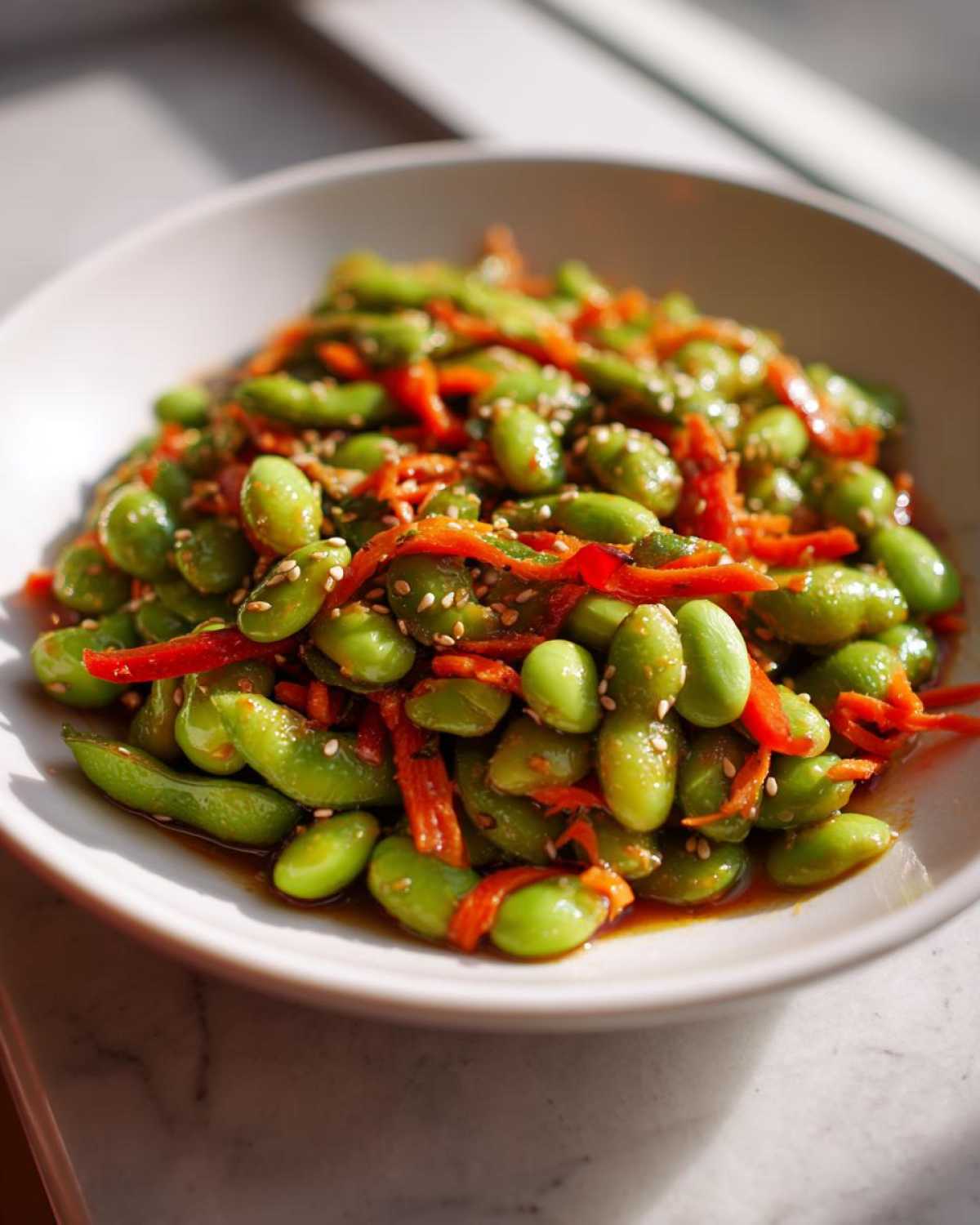 Close-up of a bright green edamame salad mixed with shredded red peppers and topped with sesame seeds.