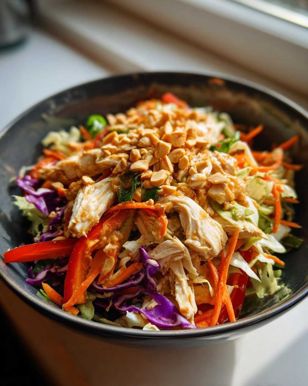 A close-up of a vibrant thai chicken salad featuring shredded chicken, colorful shredded cabbage, carrots, red peppers, and topped with crushed peanuts.