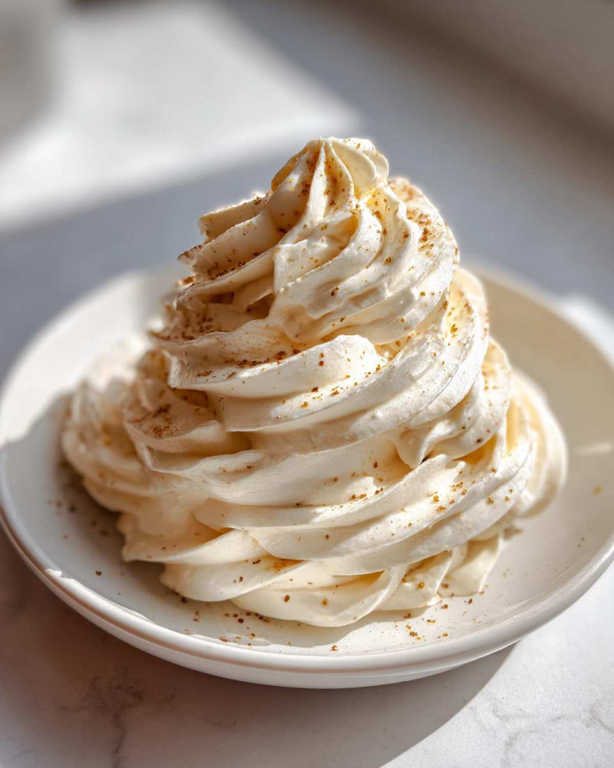 A swirl of creamy whipped cinnamon butter sprinkled with spice, served on a small white dish.