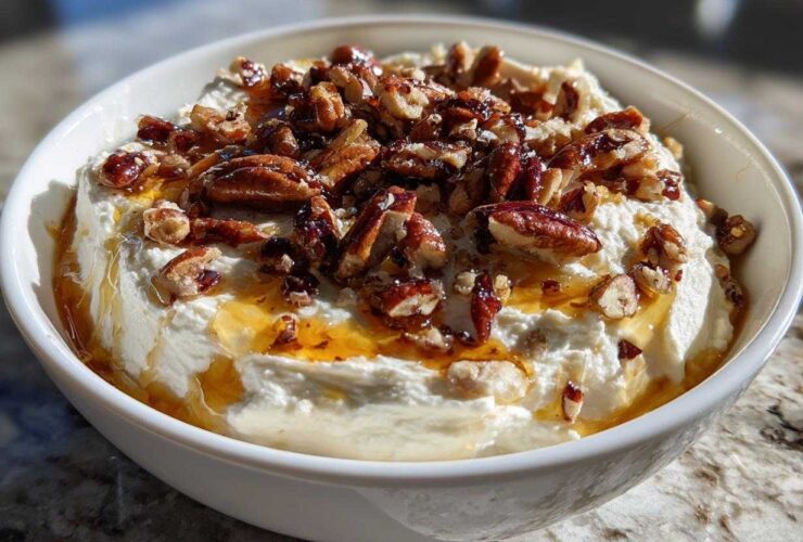 A white bowl filled with creamy whipped goat cheese topped with candied pecans and drizzled with honey.