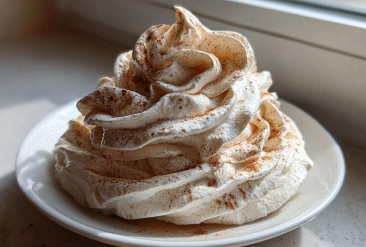 A beautiful swirl of whipped honey butter recipe, dusted lightly with cinnamon, served on a small white plate.