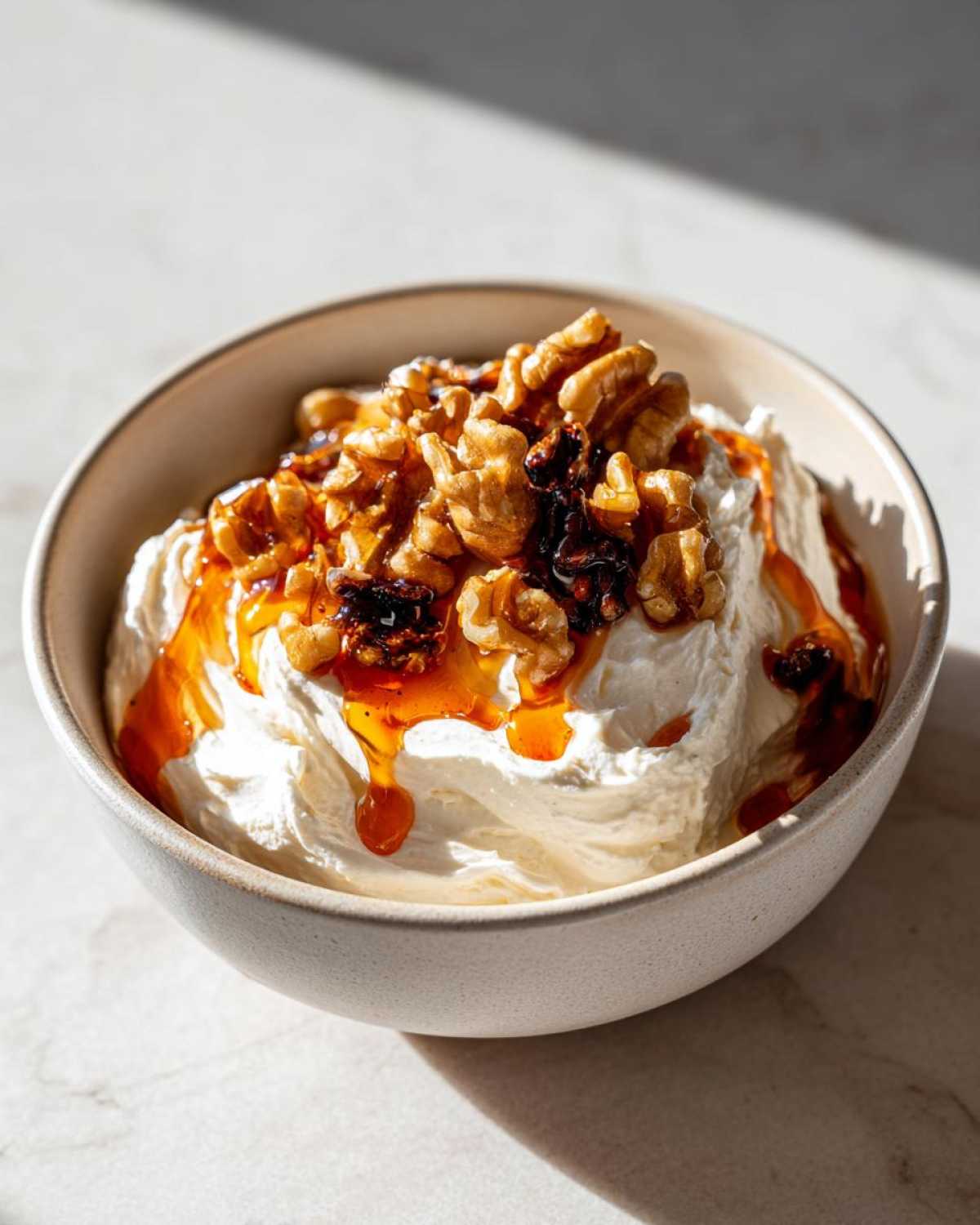 A close-up of creamy whipped ricotta dip topped with candied walnuts and a drizzle of honey or syrup.