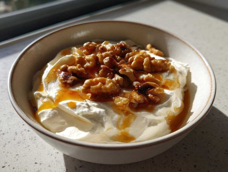 A close-up of a bowl containing creamy whipped ricotta dip, drizzled with honey and topped with toasted walnuts.