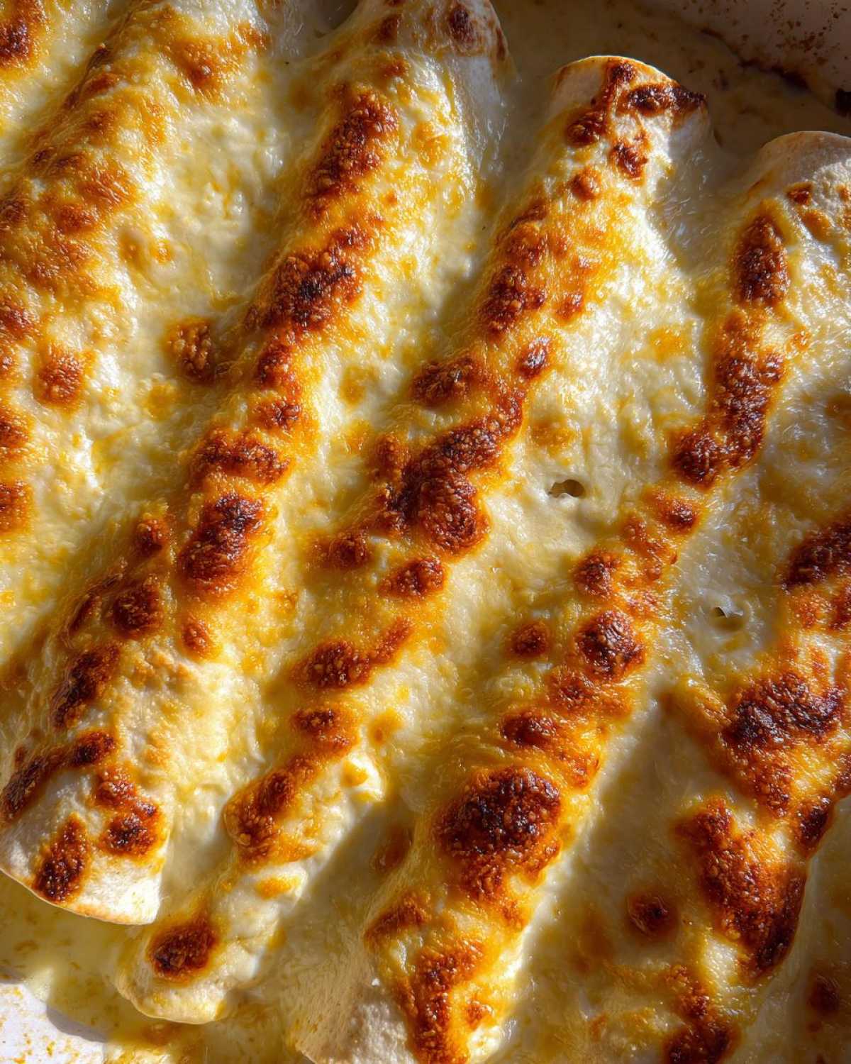 Close-up overhead shot of freshly baked white chicken enchiladas covered in bubbly, browned melted cheese sauce.