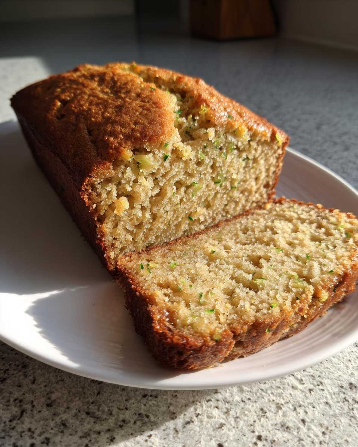 A golden brown loaf of zucchini banana bread, partially sliced, showing the moist interior with green flecks of zucchini.