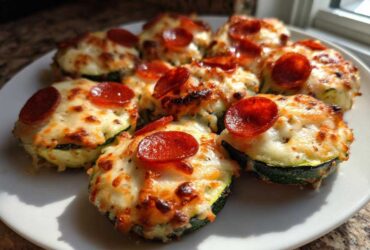 A white plate filled with freshly baked zucchini pizza bites topped with melted cheese and pepperoni slices.