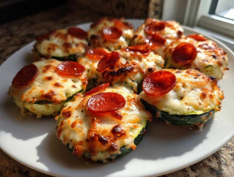A white plate filled with freshly baked zucchini pizza bites topped with melted cheese and pepperoni slices.