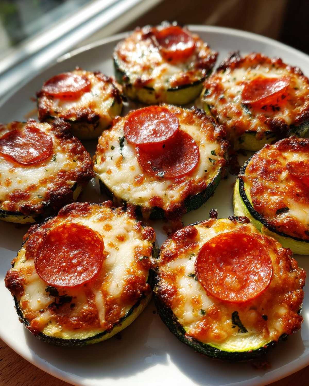 A close-up of several baked zucchini pizza bites topped with melted cheese and pepperoni slices on a white plate.