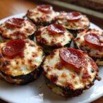 A close-up shot of several baked zucchini pizza bites topped with melted, browned cheese and a slice of pepperoni.