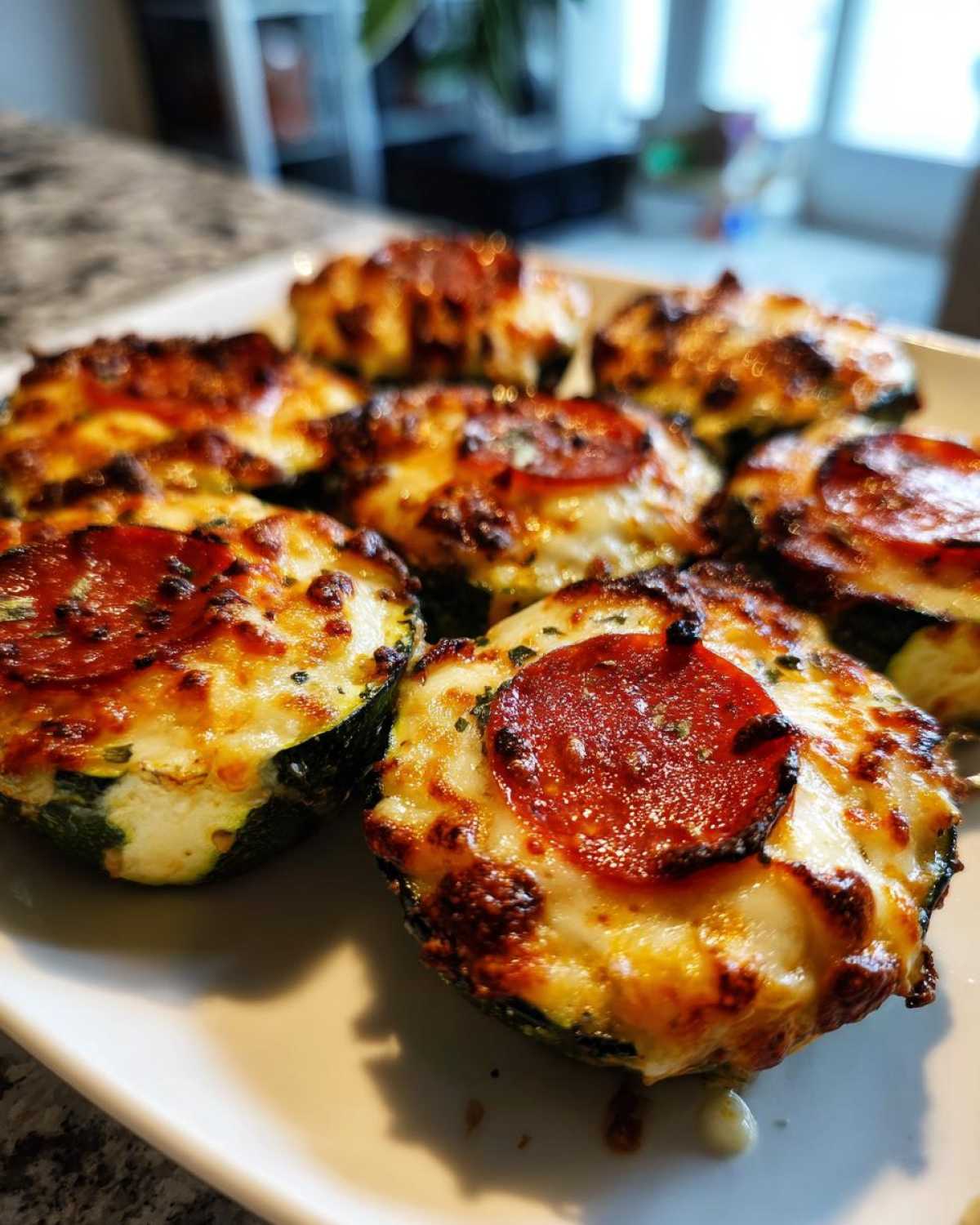 Close-up of baked zucchini pizza bites topped with melted, browned cheese and pepperoni slices.