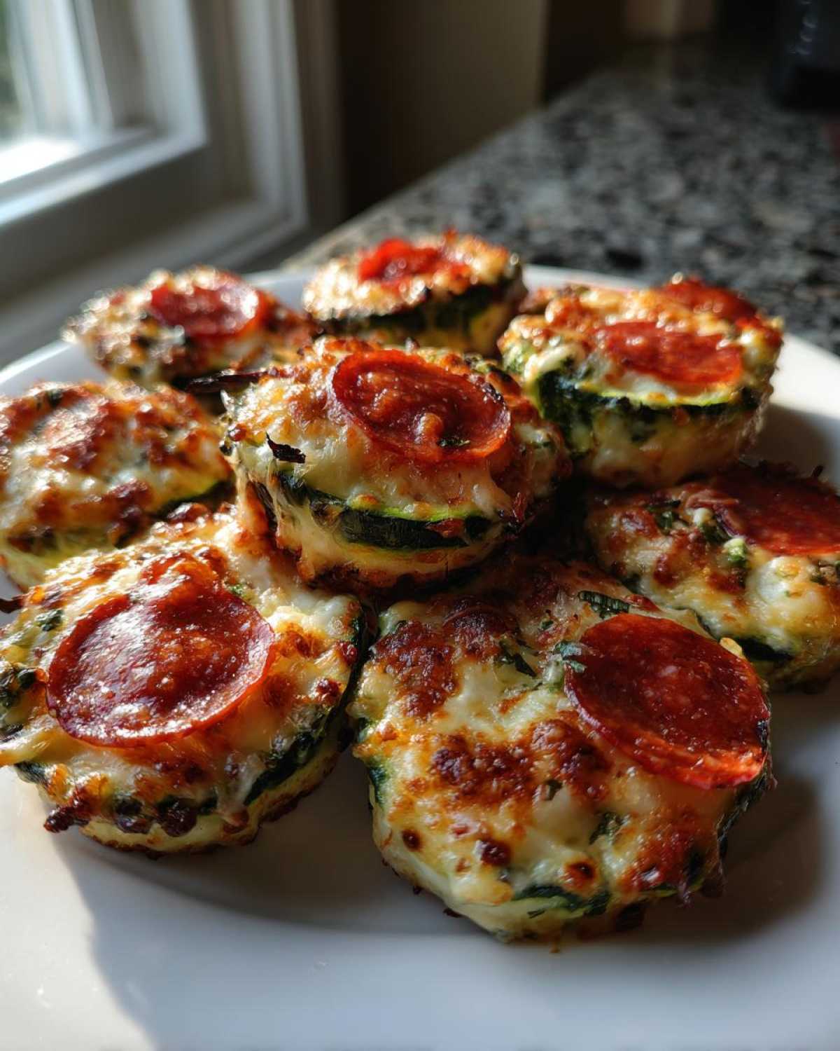 A plate of freshly baked zucchini pizza bites topped with melted cheese and pepperoni slices.
