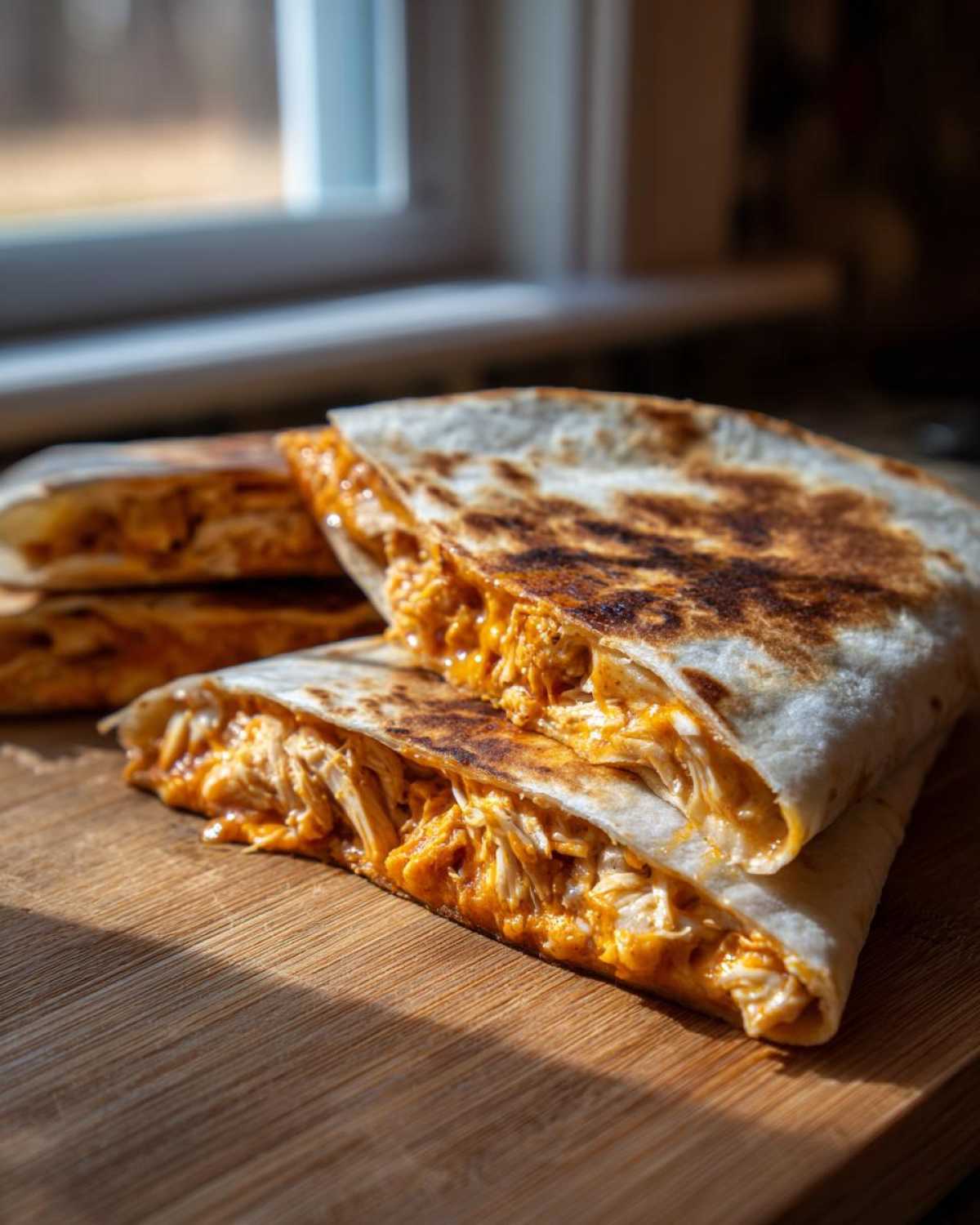 Close-up of two halves of a golden-brown Chicken Quesadillas filled with shredded chicken and melted orange cheese.