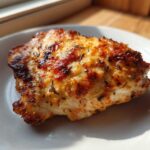 Close-up of a perfectly cooked Air Fryer Garlic Parmesan Chicken Thighs piece with a golden, crispy, herb-flecked top.