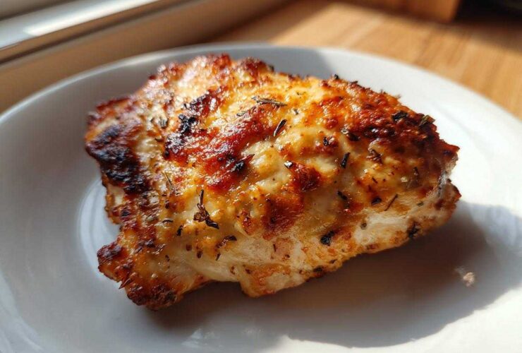Close-up of a perfectly cooked Air Fryer Garlic Parmesan Chicken Thighs piece with a golden, crispy, herb-flecked top.