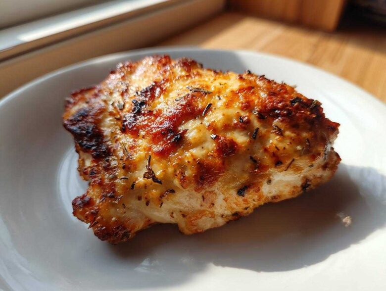 Close-up of a perfectly cooked Air Fryer Garlic Parmesan Chicken Thighs piece with a golden, crispy, herb-flecked top.