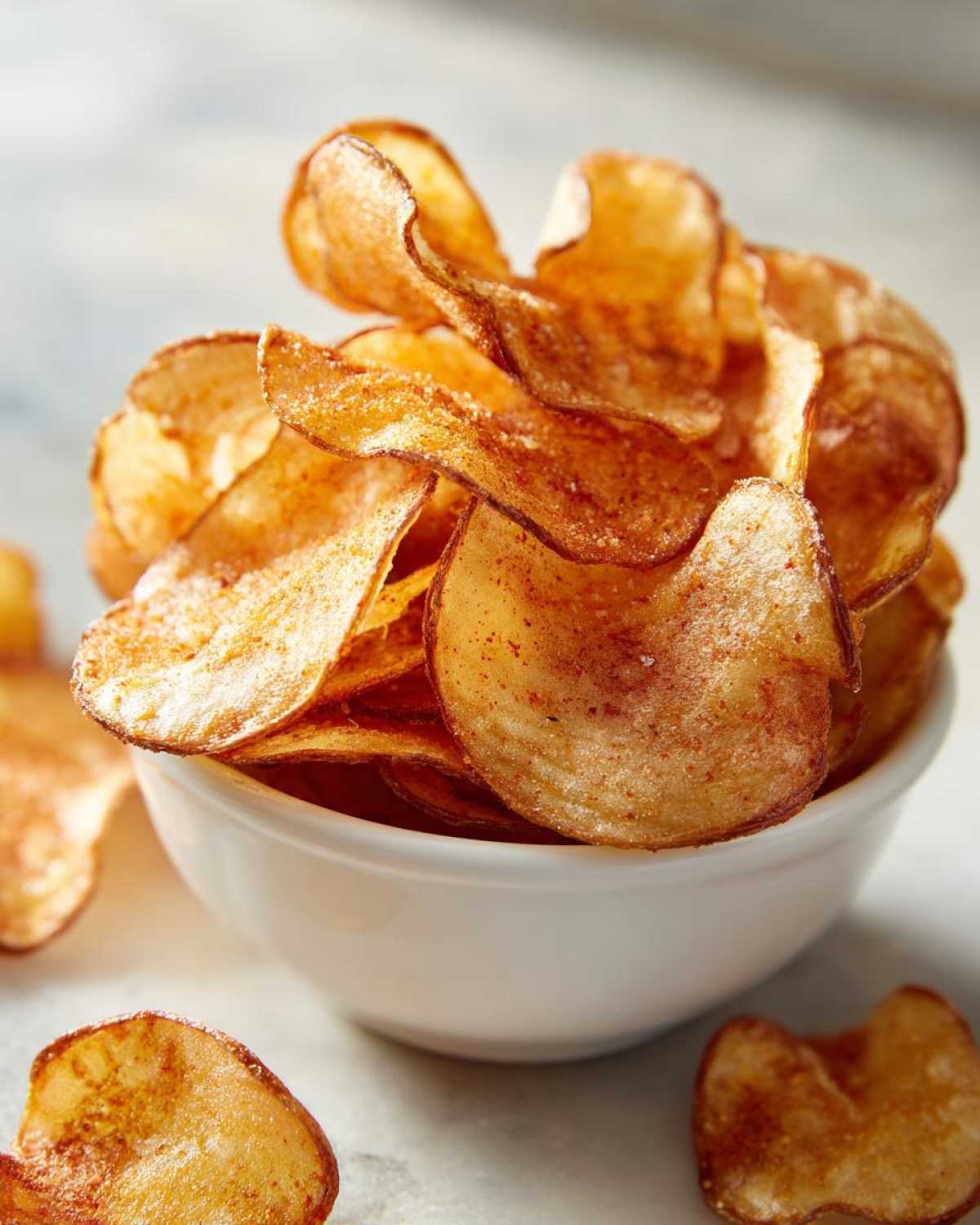 Close-up of crispy, seasoned Air Fryer Potato Chips piled high in a small white bowl.