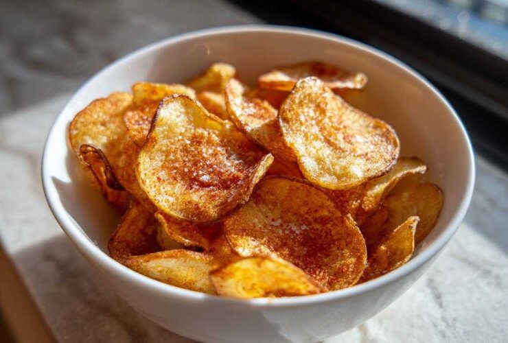 Close-up of crispy, golden Air Fryer Potato Chips seasoned with salt and spices in a white serving bowl.