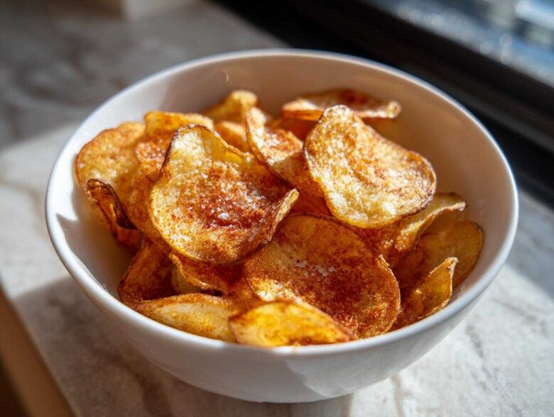 Close-up of crispy, golden Air Fryer Potato Chips seasoned with salt and spices in a white serving bowl.