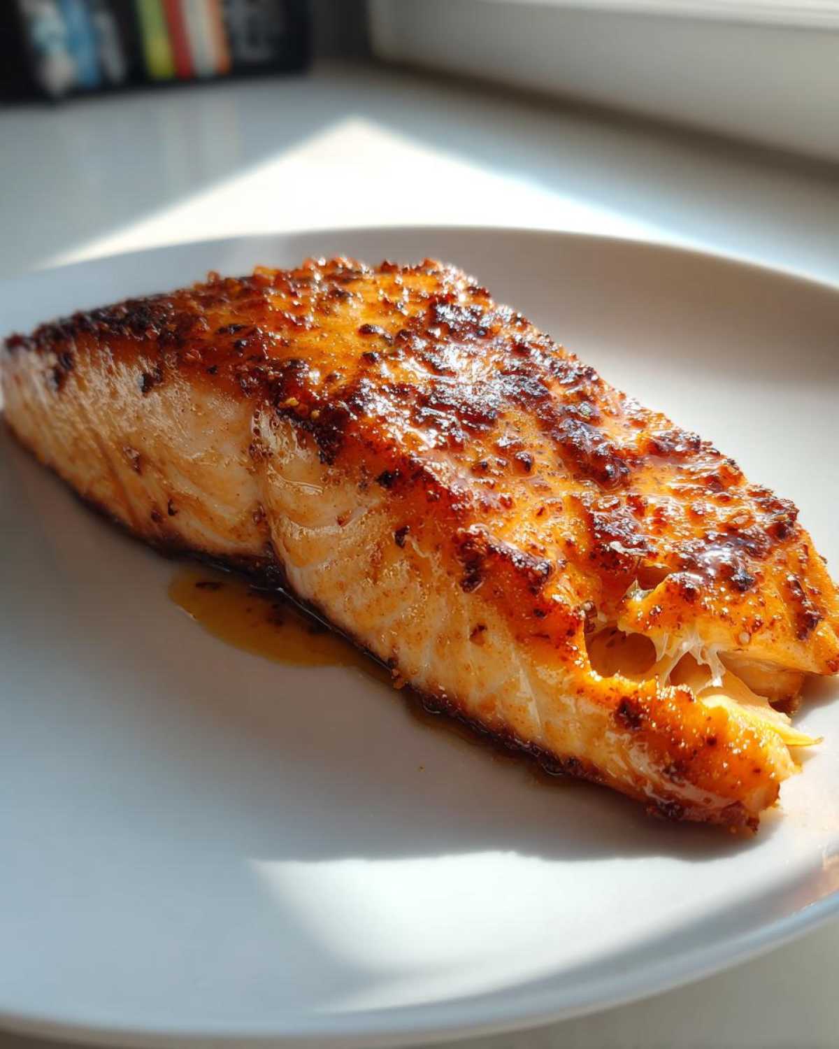 A close-up of a beautifully glazed and slightly charred Air Fryer Salmon fillet resting on a white plate.