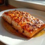 Close-up of a perfectly cooked, glazed Air Fryer Salmon fillet seasoned with herbs, resting in its juices on a white plate.
