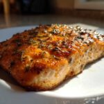 Close-up of a beautifully seasoned and cooked piece of Air Fryer Salmon on a white plate.