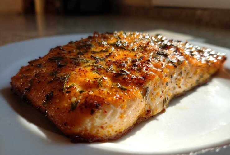 Close-up of a beautifully seasoned and cooked piece of Air Fryer Salmon on a white plate.