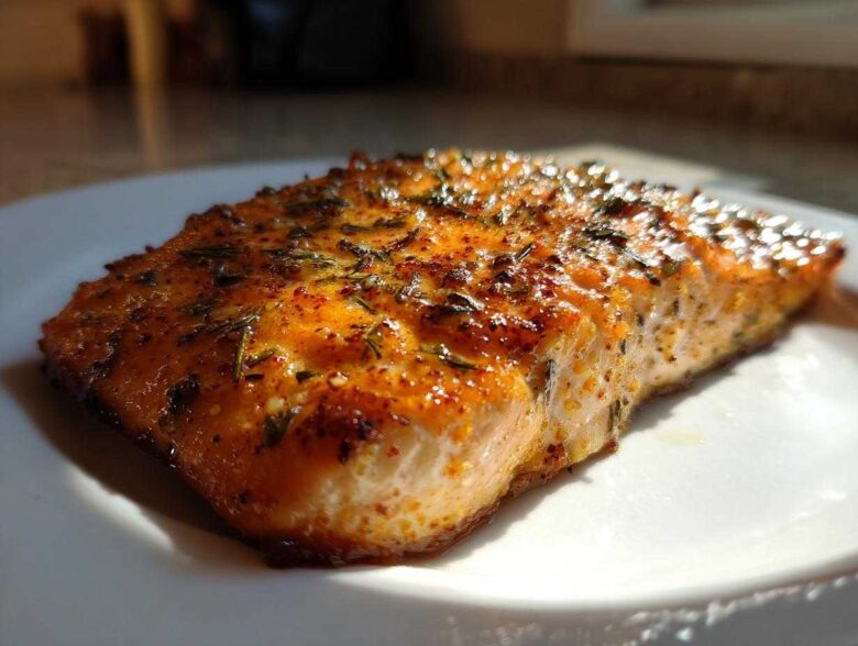 Close-up of a beautifully seasoned and cooked piece of Air Fryer Salmon on a white plate.