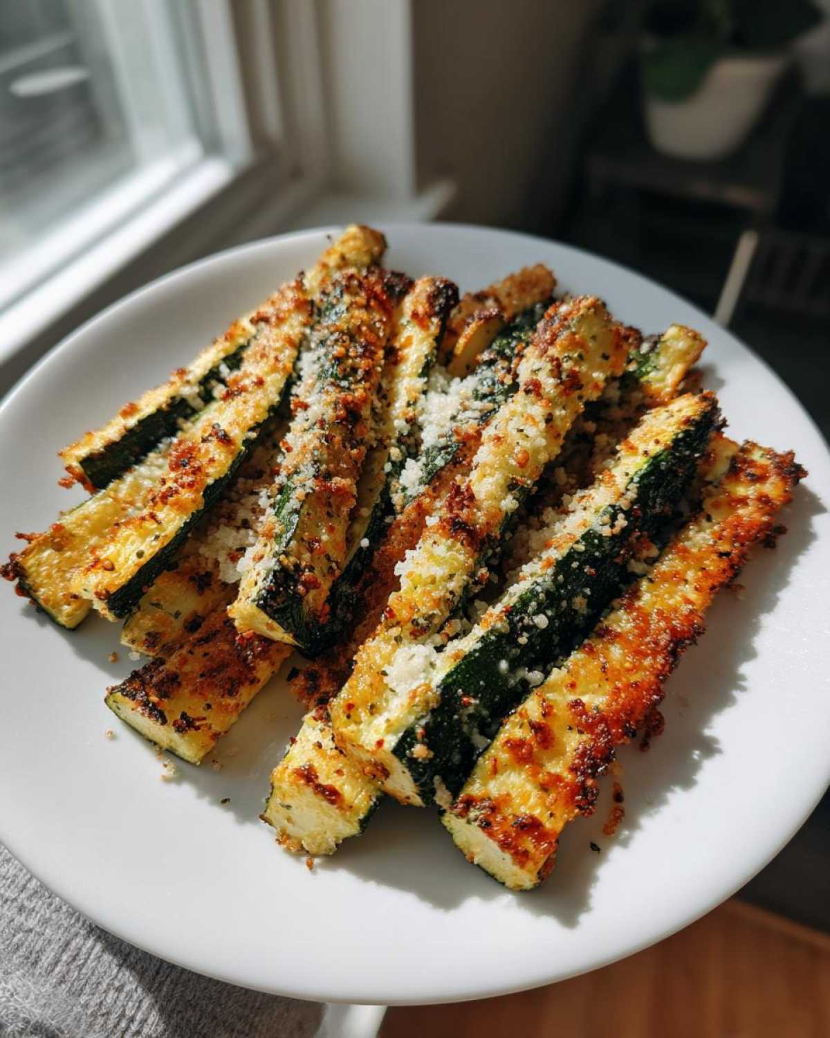 A plate of golden brown, crispy Air Fryer Zucchini sticks topped with grated Parmesan cheese.