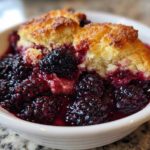 A close-up of a serving of warm Blackberry Cobbler with juicy berries and a golden biscuit topping in a white bowl.