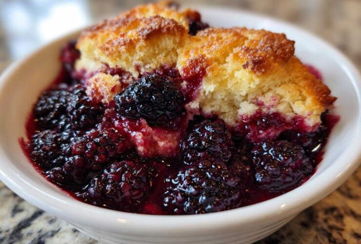 A close-up of a serving of warm Blackberry Cobbler with juicy berries and a golden biscuit topping in a white bowl.