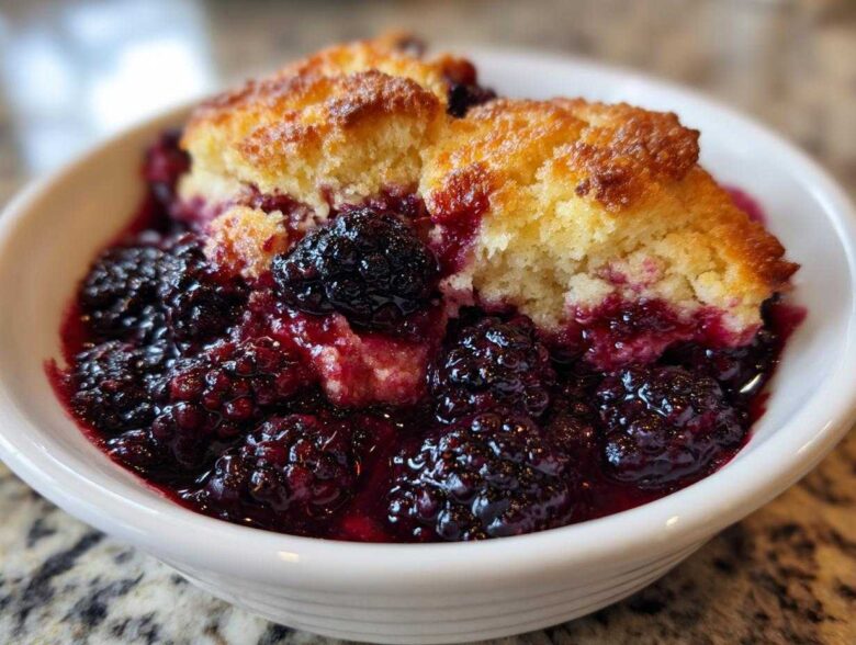 A close-up of a serving of warm Blackberry Cobbler with juicy berries and a golden biscuit topping in a white bowl.