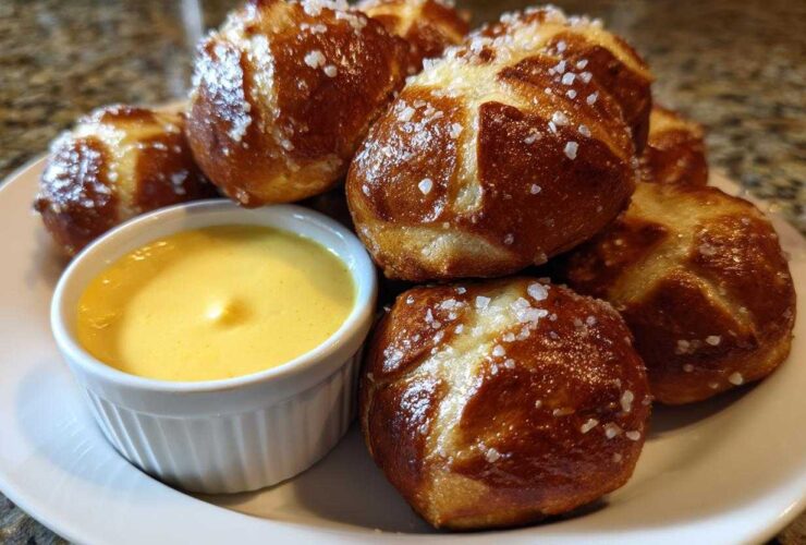 A plate of freshly baked Pretzel Bites sprinkled with coarse salt next to a small bowl of bright yellow beer cheese dip.