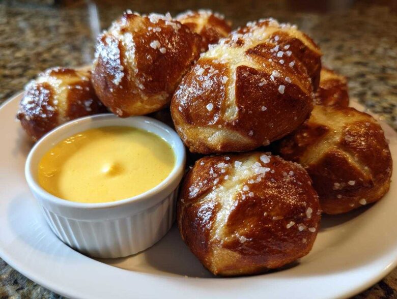 A plate of freshly baked Pretzel Bites sprinkled with coarse salt next to a small bowl of bright yellow beer cheese dip.