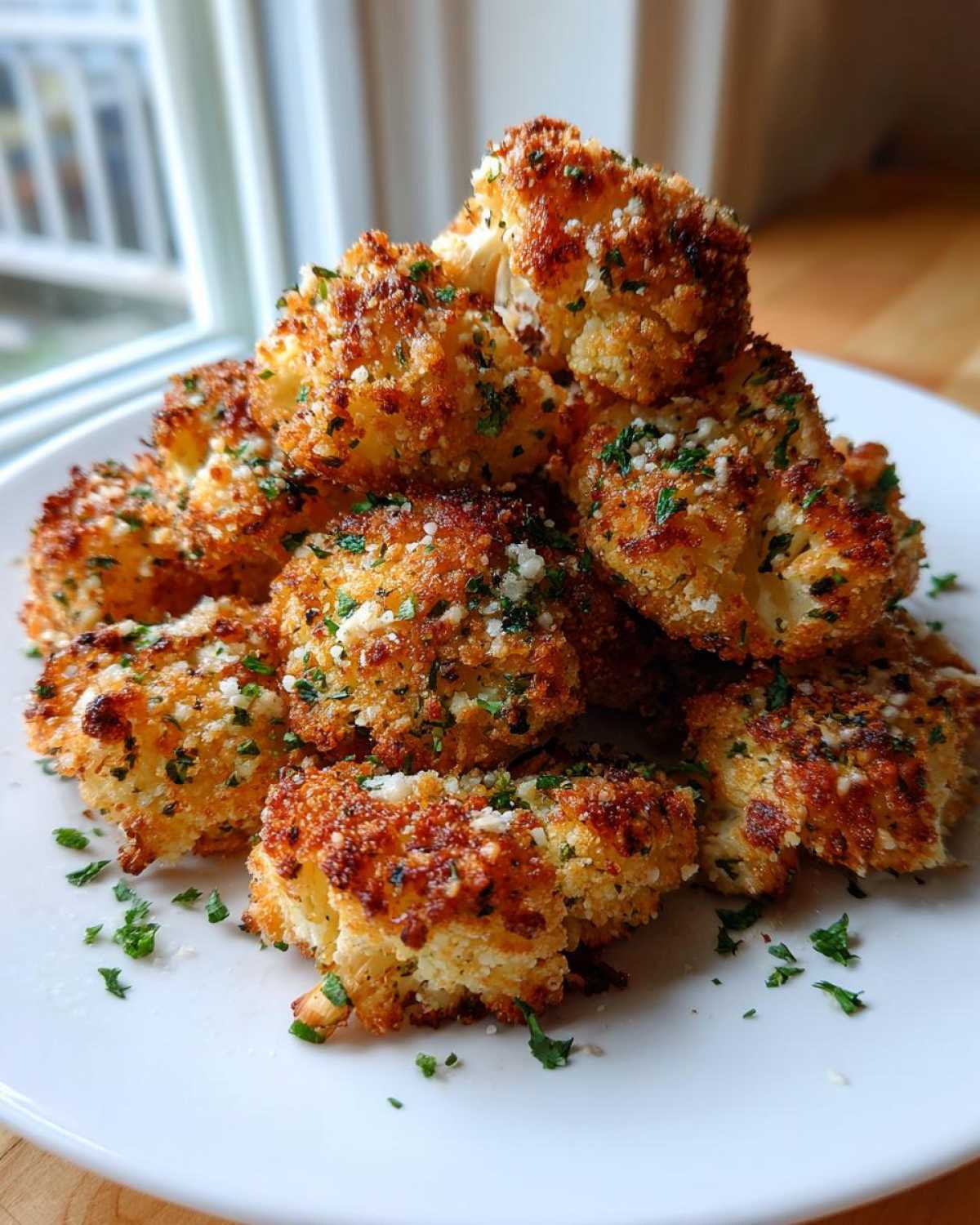 A pile of golden brown, crispy Baked Cauliflower Bites topped with grated cheese and fresh parsley on a white plate.