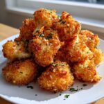 A pile of crispy, golden brown Baked Cauliflower Bites sprinkled with herbs and Parmesan cheese.