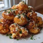 A pile of golden brown, crispy Baked Cauliflower Bites sprinkled with grated Parmesan cheese and fresh parsley.