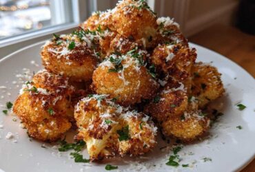 A pile of golden brown, crispy Baked Cauliflower Bites sprinkled with grated Parmesan cheese and fresh parsley.
