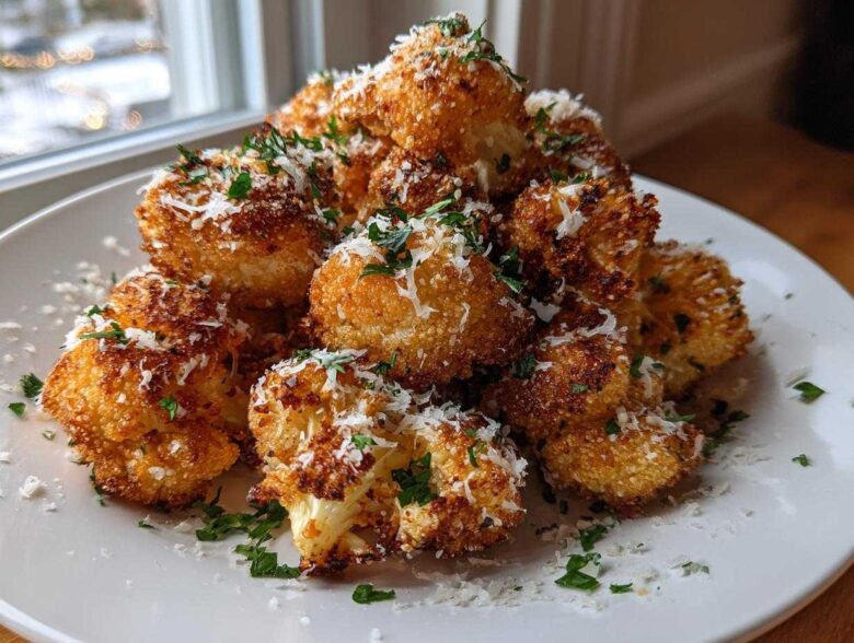 A pile of golden brown, crispy Baked Cauliflower Bites sprinkled with grated Parmesan cheese and fresh parsley.