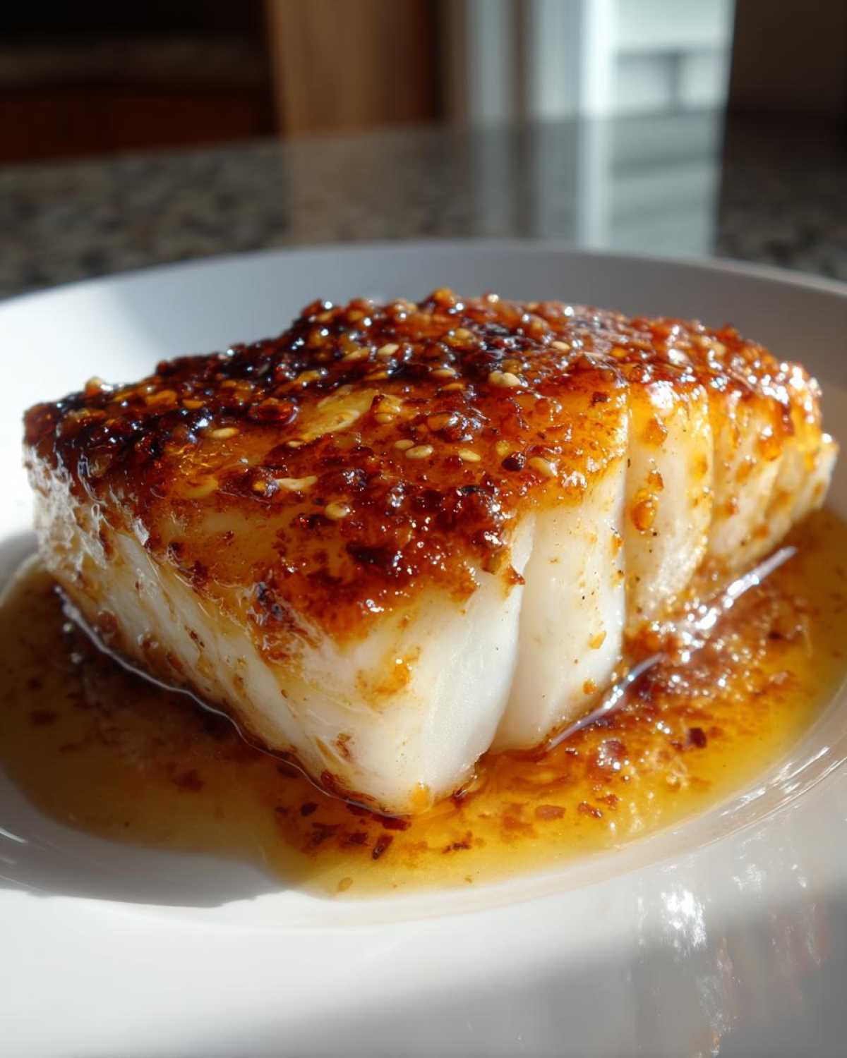 A thick fillet of flaky white cod topped with a glistening, caramelized honey garlic sauce and sesame seeds, served on a white plate.