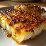 Close-up of flaky white baked cod topped with a glistening, caramelized honey garlic sauce.