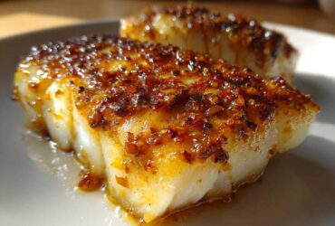 Close-up of flaky white baked cod topped with a glistening, caramelized honey garlic sauce.