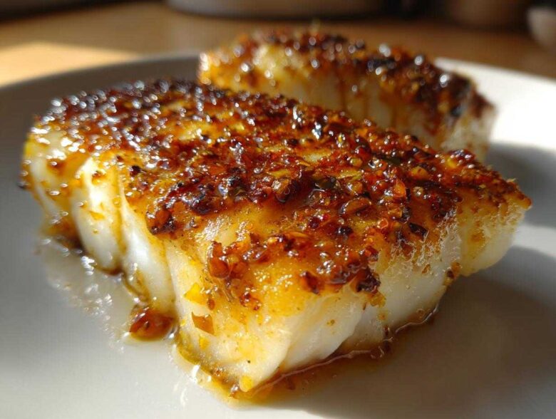 Close-up of flaky white baked cod topped with a glistening, caramelized honey garlic sauce.