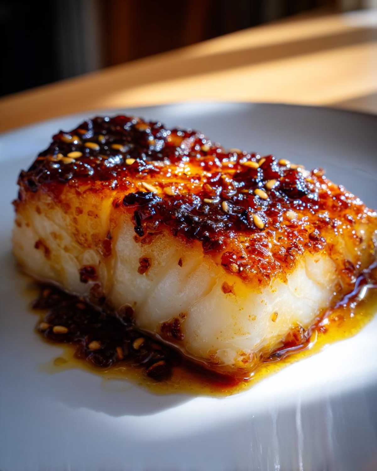 Close-up of a perfectly cooked fillet of Baked Cod with Honey Garlic Sauce, glistening with a dark glaze and sesame seeds.
