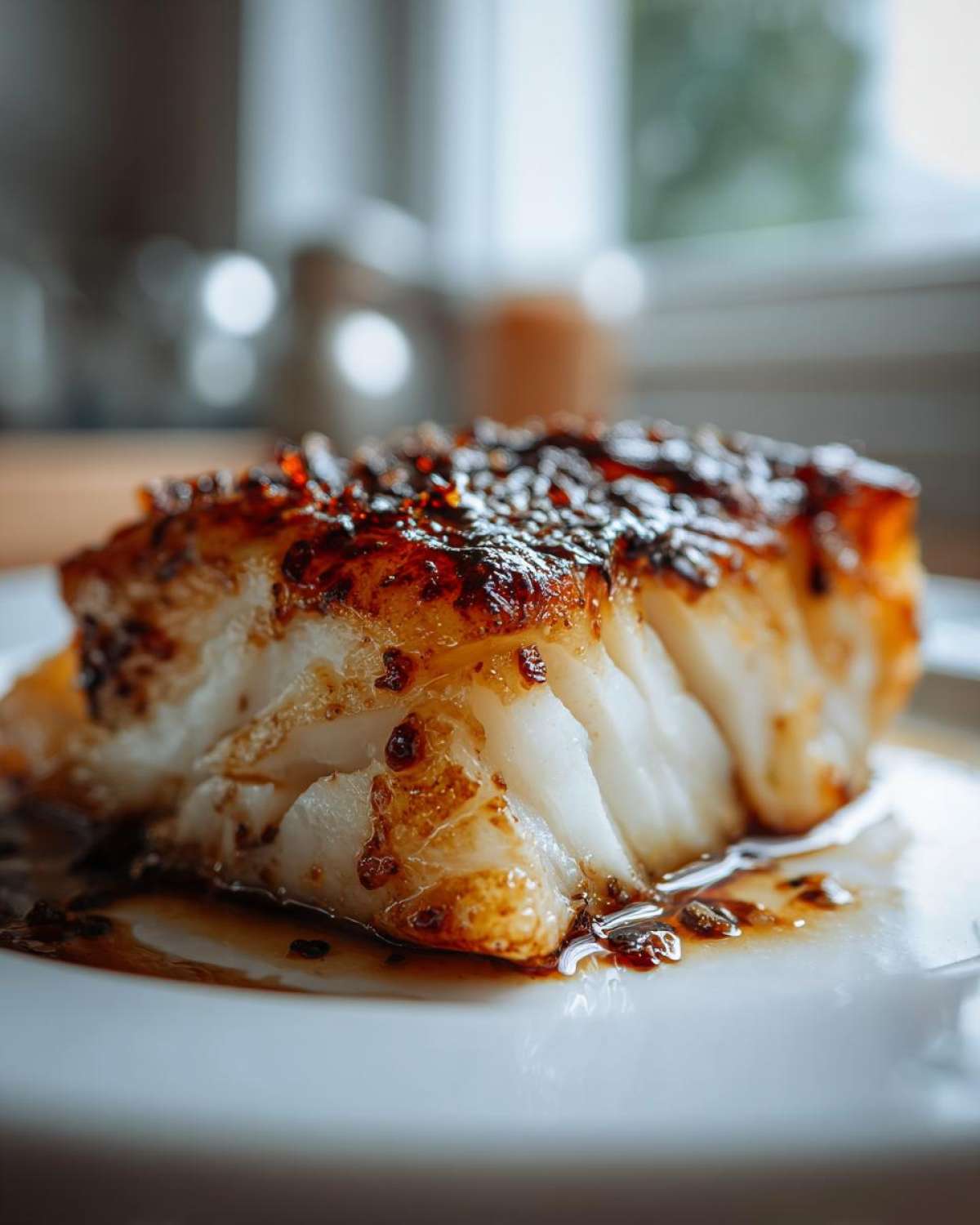 Close-up of a thick, flaky piece of Baked Honey Cod with a rich, caramelized honey glaze on top.